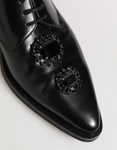 Dolce & Gabbana Black Leather Jeweled Crystals Derby Shoes