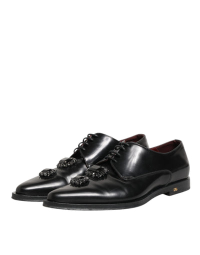 Dolce & Gabbana Black Leather Jeweled Crystals Derby Shoes
