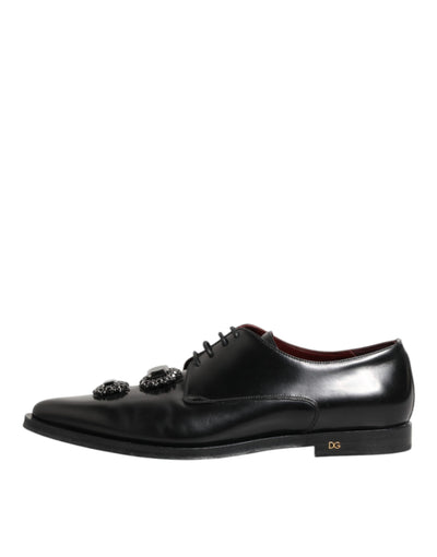 Dolce & Gabbana Black Leather Jeweled Crystals Derby Shoes