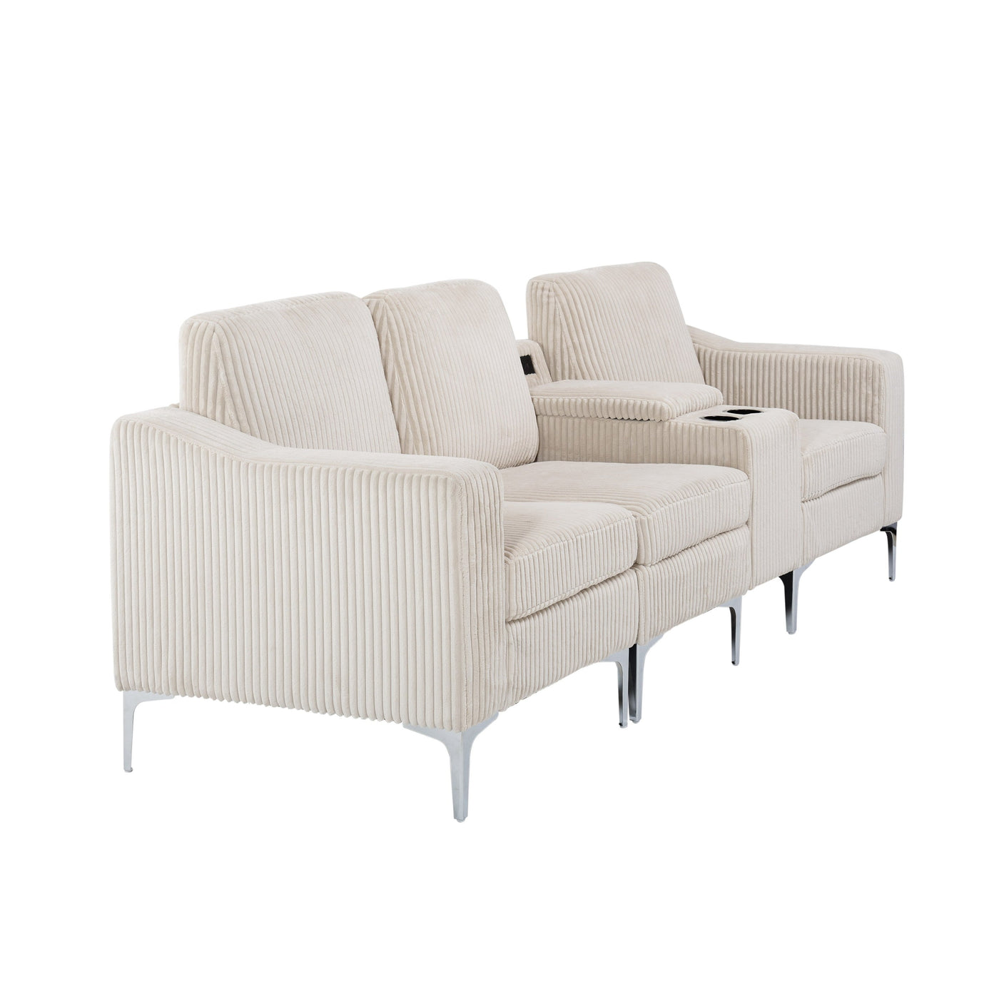 Convertible Sectional Corduroy  Sofa with Cupholders, USB,Three-seater,Beige