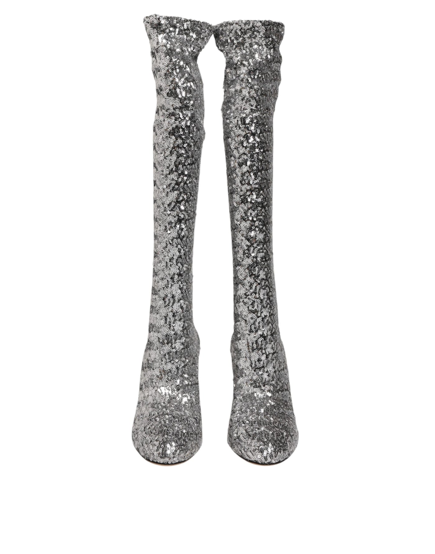 Dolce & Gabbana Silver Sequins Glitter High Heel Boot Shoes