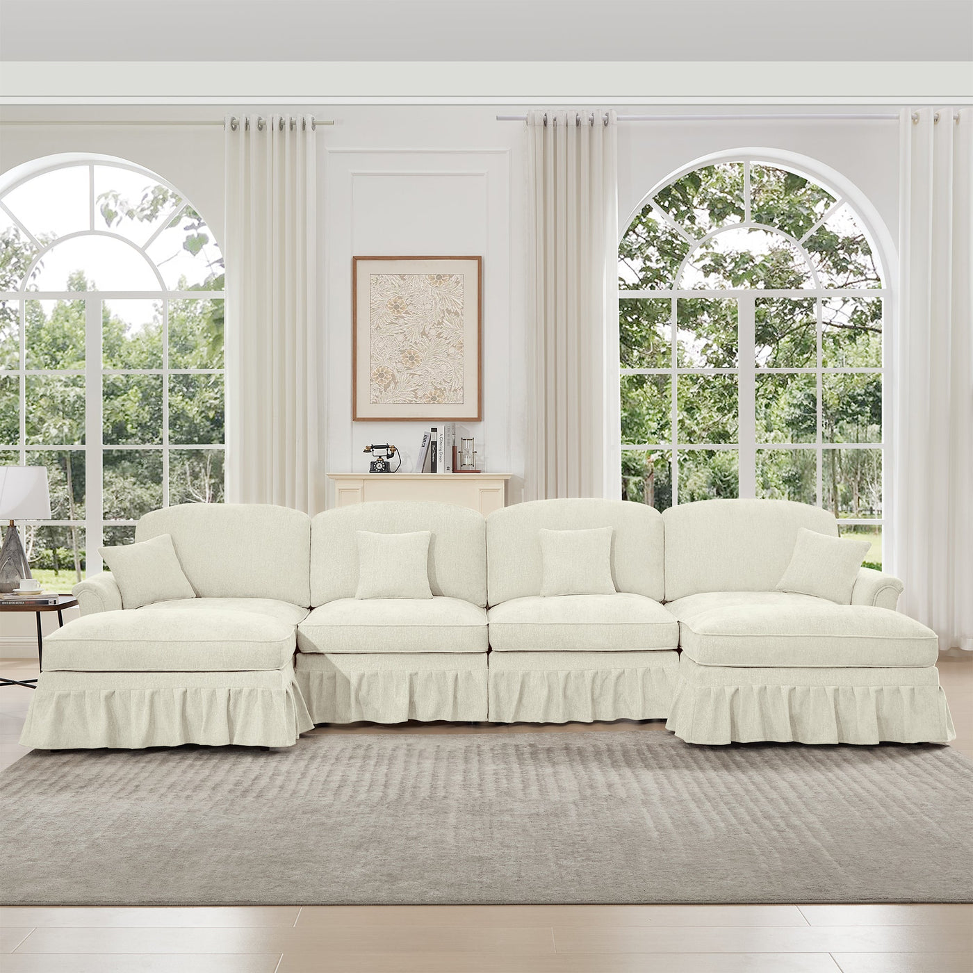 Classic U Shape 4 Seater Modular Sectional Sofa Couch with Flared Arms and Removable Ruffles Pleats Skirts and Spindle Legs, Chenille Deep Seat Cloud Sofa with Movable Ottomans, Beige White
