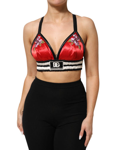 Dolce & Gabbana Red Satin Floral Embroidered Bralette Crop Top