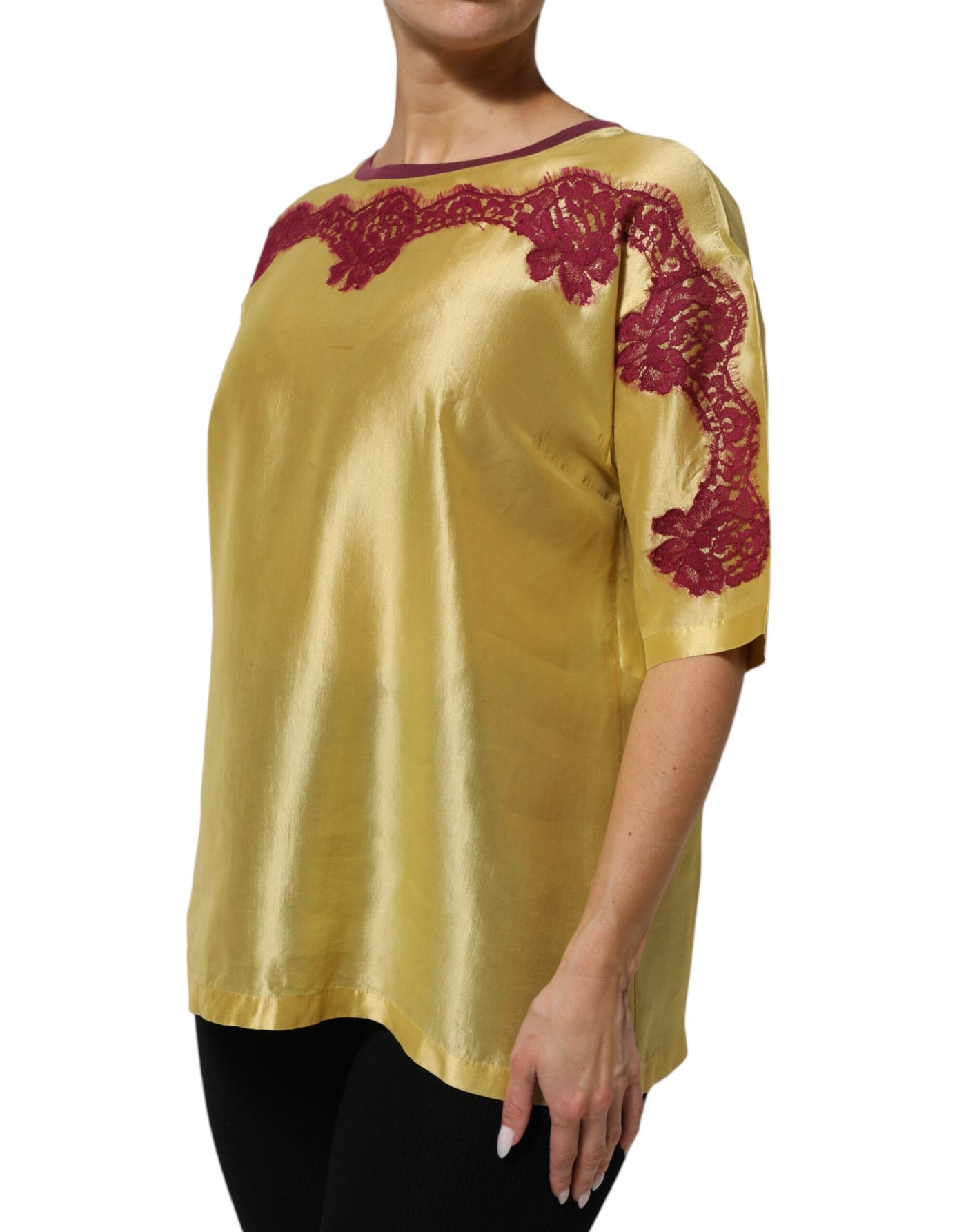 Dolce & Gabbana Yellow Silk Satin Floral Lace Short Sleeves Top
