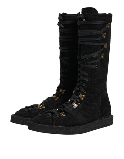 Dolce & Gabbana Black Alpaca Wool Suede Mid Calf Boots Shoes