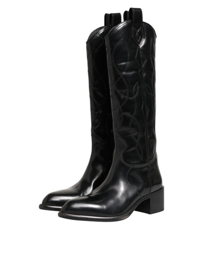 Dolce & Gabbana Black Leather Over The Calf Biker Boots Shoes