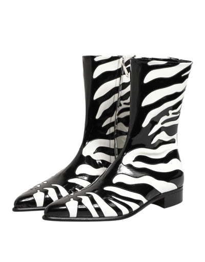 Dolce & Gabbana Black White Zebra Leather Mid Calf Boots Shoes