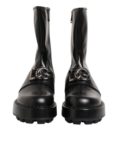 Dolce & Gabbana Black Logo Plaque Mid Calf Biker Boots Shoes