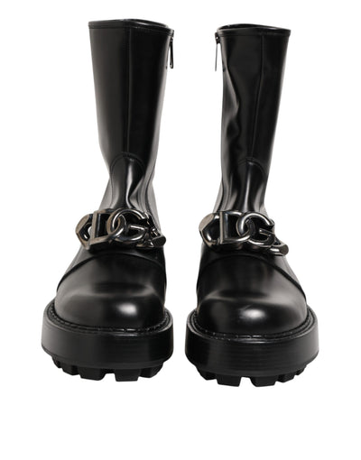 Dolce & Gabbana Black Logo Plaque Mid Calf Biker Boots Shoes