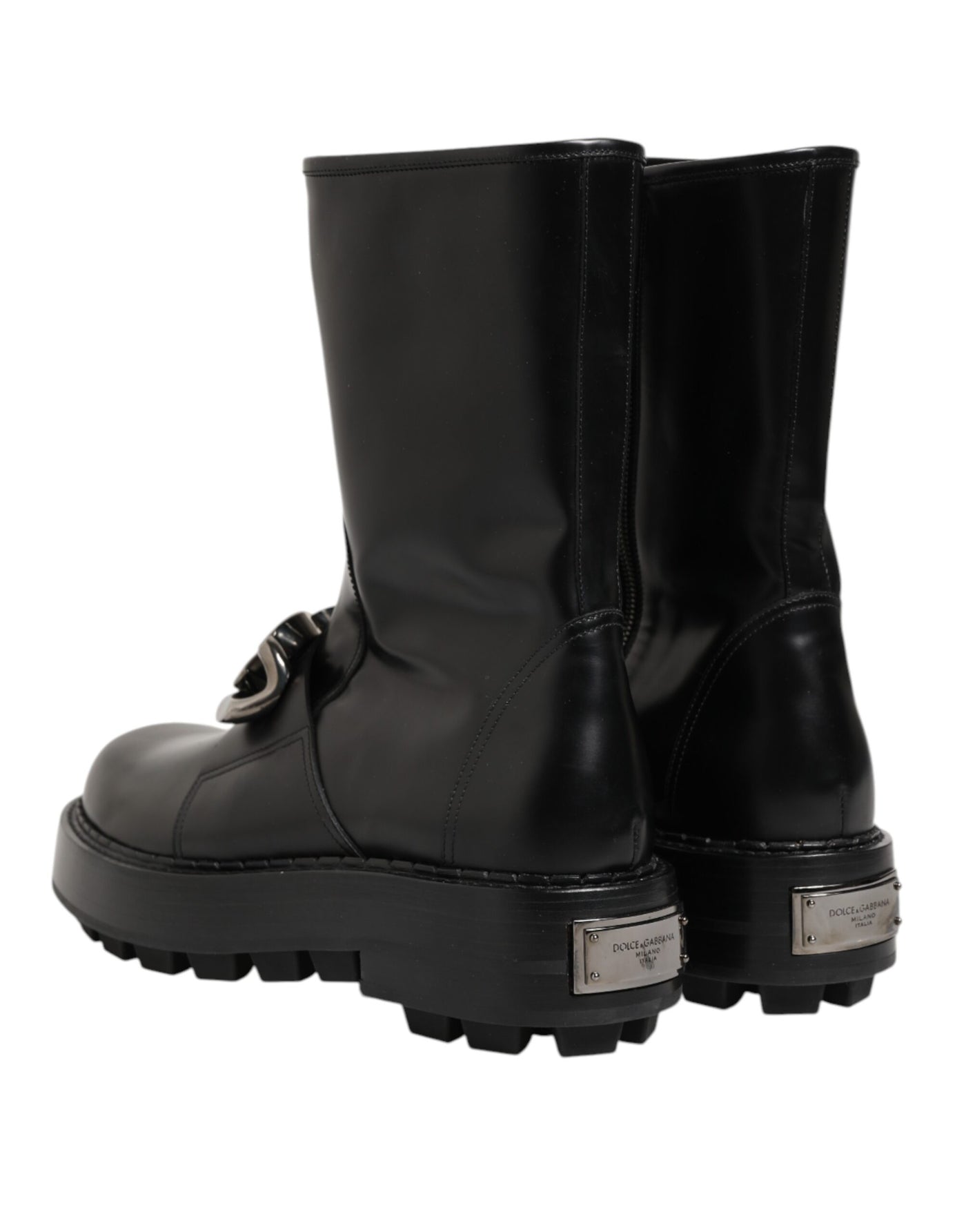 Dolce & Gabbana Black Logo Plaque Mid Calf Biker Boots Shoes