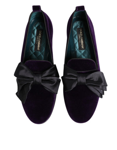 Dolce & Gabbana Purple Suede Cotton Bow Slip On Loafers Shoes