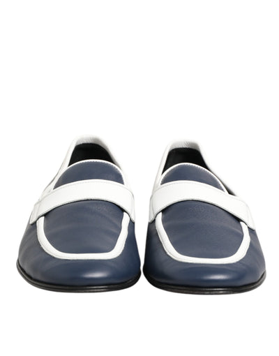 Dolce & Gabbana White Blue Leather Slip On Loafers Men Formal Shoes