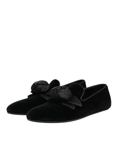 Dolce & Gabbana Black Suede Cotton Rose Slip On Loafers Shoes