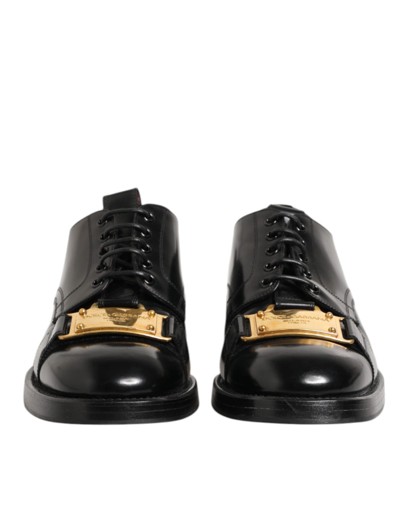 Dolce & Gabbana Black Leather Dress Lace Up Logo Plaque Shoes