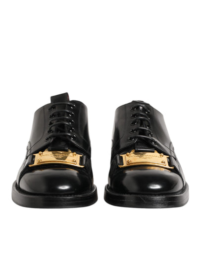 Dolce & Gabbana Black Leather Dress Lace Up Logo Plaque Shoes