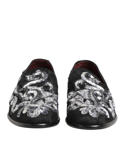 Dolce & Gabbana Black Silver Sequined Loafers Men Dress Shoes