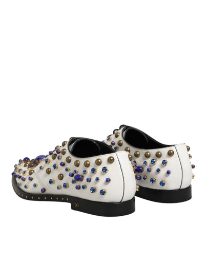 Dolce & Gabbana White Leather Crystals Embellished Dress Shoes