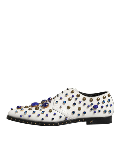 Dolce & Gabbana White Leather Crystals Embellished Dress Shoes