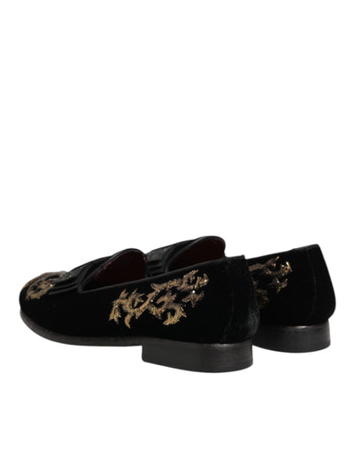 Dolce & Gabbana Black Velvet Embroidery Formal Loafers Shoes