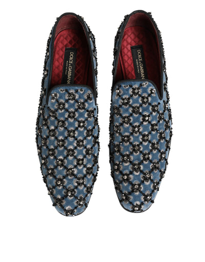 Dolce & Gabbana Blue Velvet Crystal Detailing Loafer Men Shoes