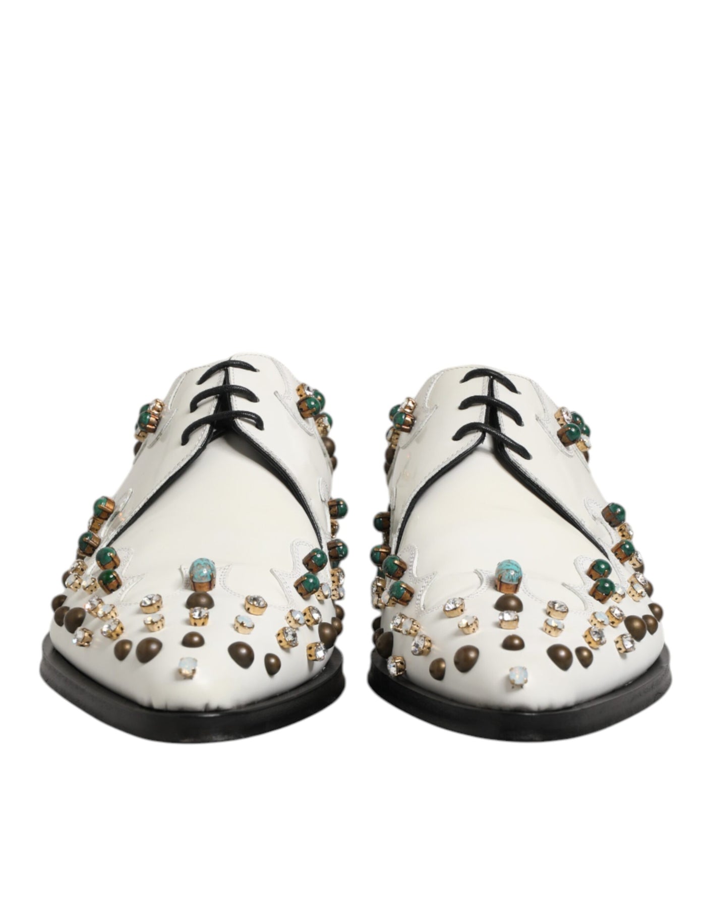 Dolce & Gabbana White Leather Crystals Embellished Derby Shoes