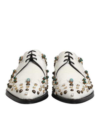 Dolce & Gabbana White Leather Crystals Embellished Derby Shoes