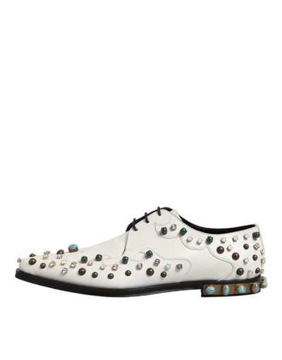 Dolce & Gabbana White Leather Crystals Embellished Derby Shoes