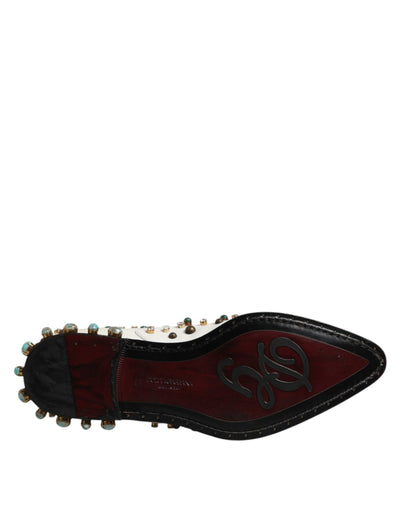 Dolce & Gabbana White Leather Crystals Embellished Derby Shoes
