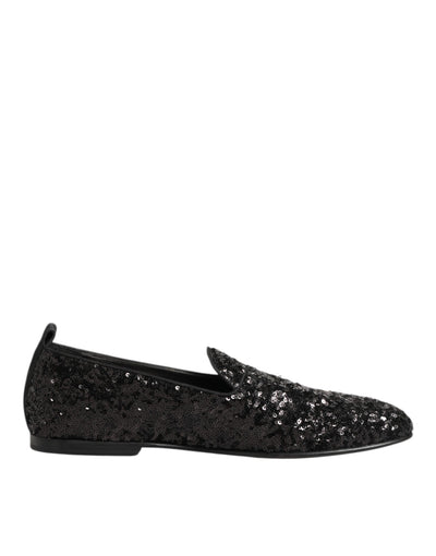Dolce & Gabbana Black Sequined Slip On Loafers Dress Shoes
