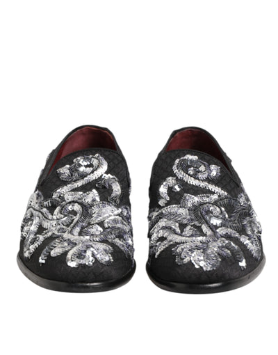 Dolce & Gabbana Black Silver Sequined Loafers Men Dress Shoes