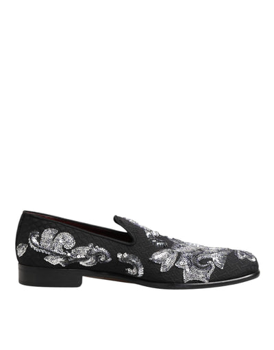 Dolce & Gabbana Black Silver Sequined Loafers Men Dress Shoes