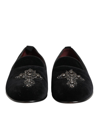 Dolce & Gabbana Black Cross Embellished Slip On Loafers Dress Shoes