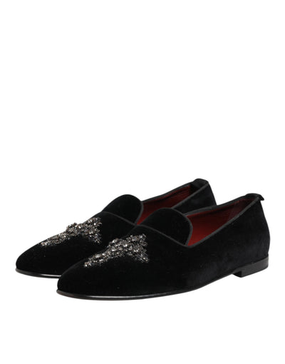 Dolce & Gabbana Black Cross Embellished Slip On Loafers Dress Shoes