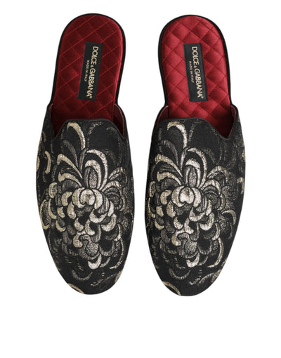 Dolce & Gabbana Black Floral Jacquard Slides Slippers Shoes