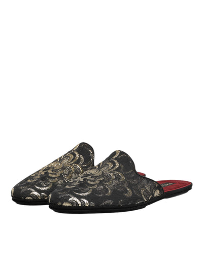 Dolce & Gabbana Black Floral Jacquard Slides Slippers Shoes