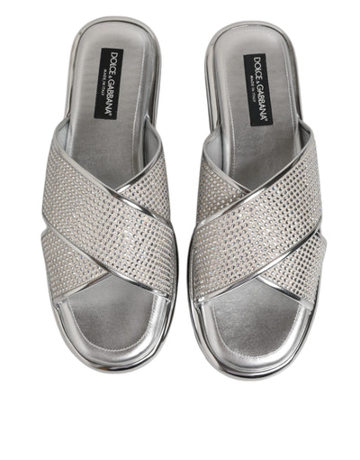Dolce & Gabbana Silver Strass Slides Flats Slippers Shoes