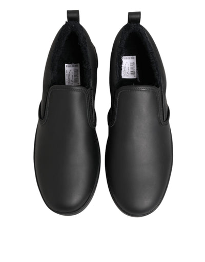 Dolce & Gabbana Black Leather Low Top Slip On Sneakers Shoes