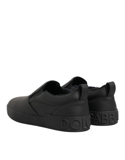 Dolce & Gabbana Black Leather Low Top Slip On Sneakers Shoes