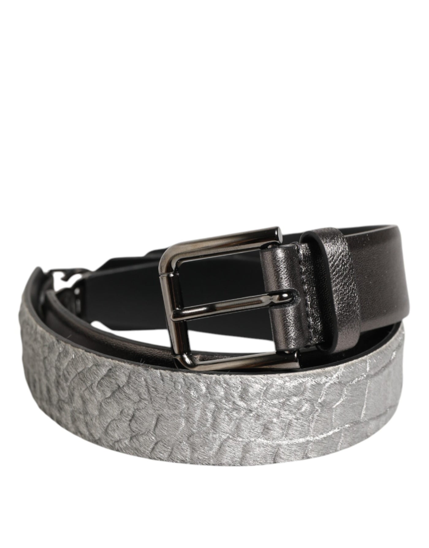 Dolce & Gabbana Black Silver Pebbled Texture Leather Buckle Men Belt