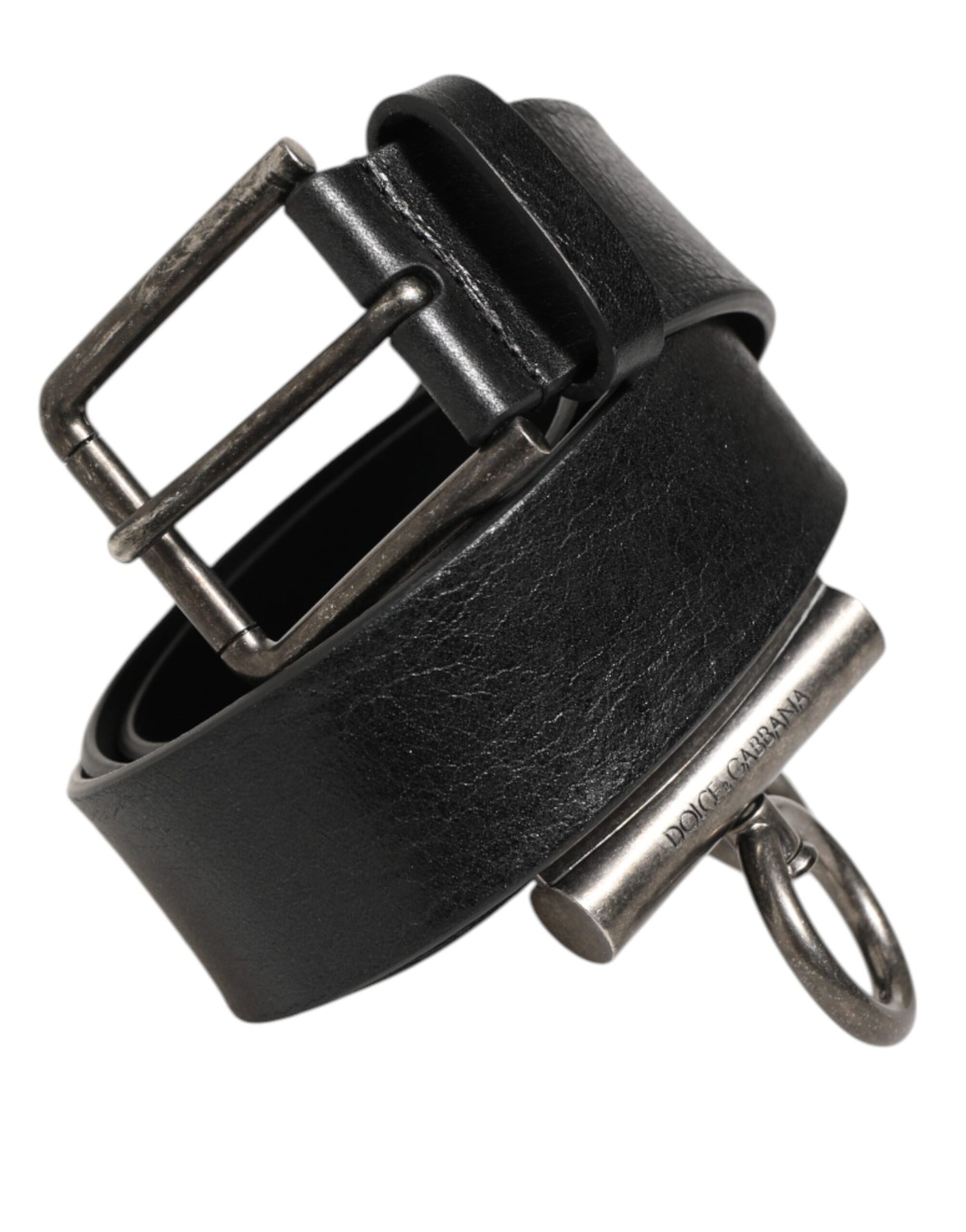 Dolce & Gabbana Black Leather Side Rings Brass Buckle Belt