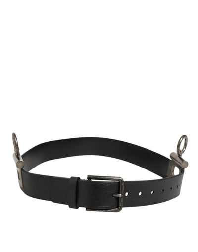 Dolce & Gabbana Black Leather Side Rings Brass Buckle Belt