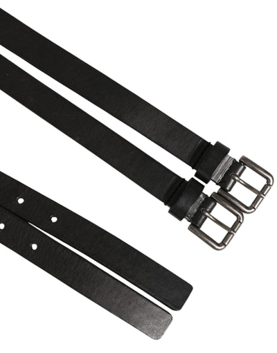 Dolce & Gabbana Black Double Strap Leather Silver Buckle Belt