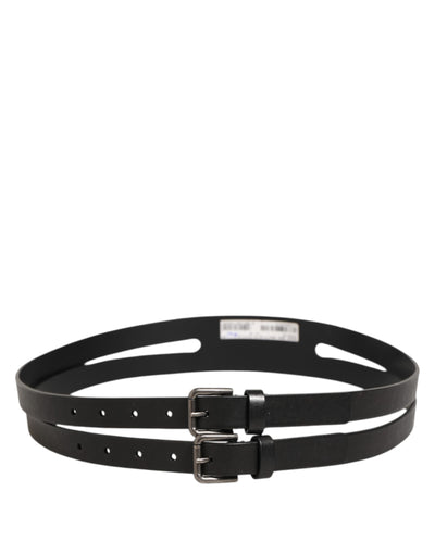Dolce & Gabbana Black Double Strap Leather Silver Buckle Belt
