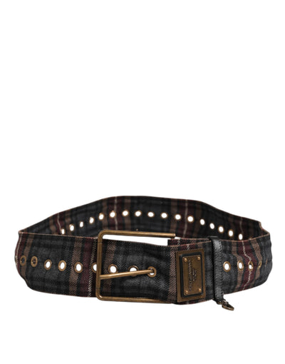 Dolce & Gabbana Plaid Fabric Logo Plate Brass Buckle Belt