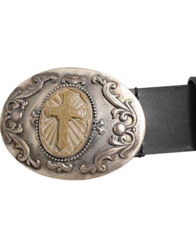 Dolce & Gabbana Black Leather Ornate Metal Buckle Men Belt