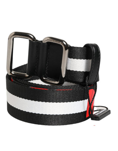 Dolce & Gabbana Black White Striped Logo Metal Buckle Belt
