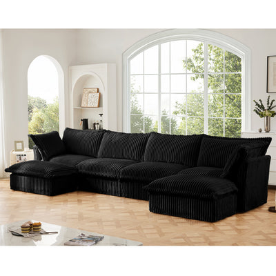 Slipcovered U Shape Sectional Wide and Deep Seat Sofa Couch, 4 Seater Sofa with French Edges Design Multiple Big Pillows, Soft Deep Seat Comfy Cloud Couch for Living Room, Apartment, Black Corduroy