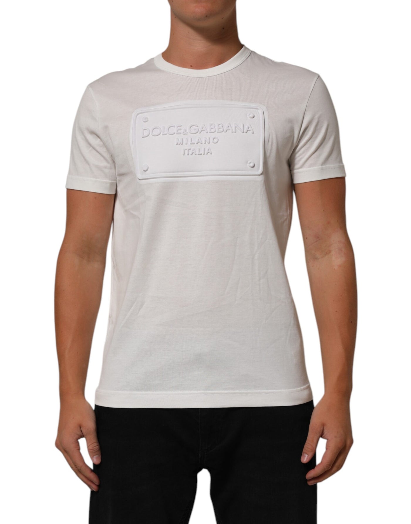 Dolce & Gabbana White Logo Patch Cotton Crew Neck Men T-shirt