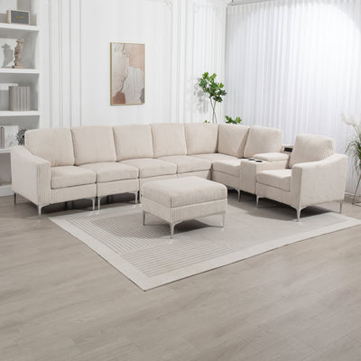Convertible Sectional Corduroy  Sofa with Storage Ottoman,Cupholders, USB Ports for Living Room Apartment,Beige