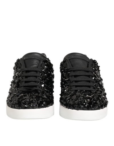 Dolce & Gabbana Black Leather Crystal Low Top Sneaker Shoes